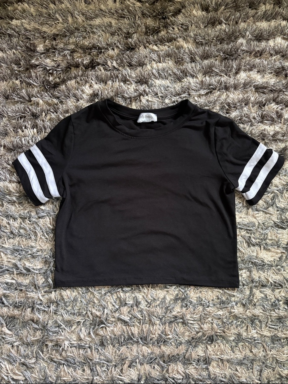 Women's Black Short Sleeve Tee with White Sleeve Stripes